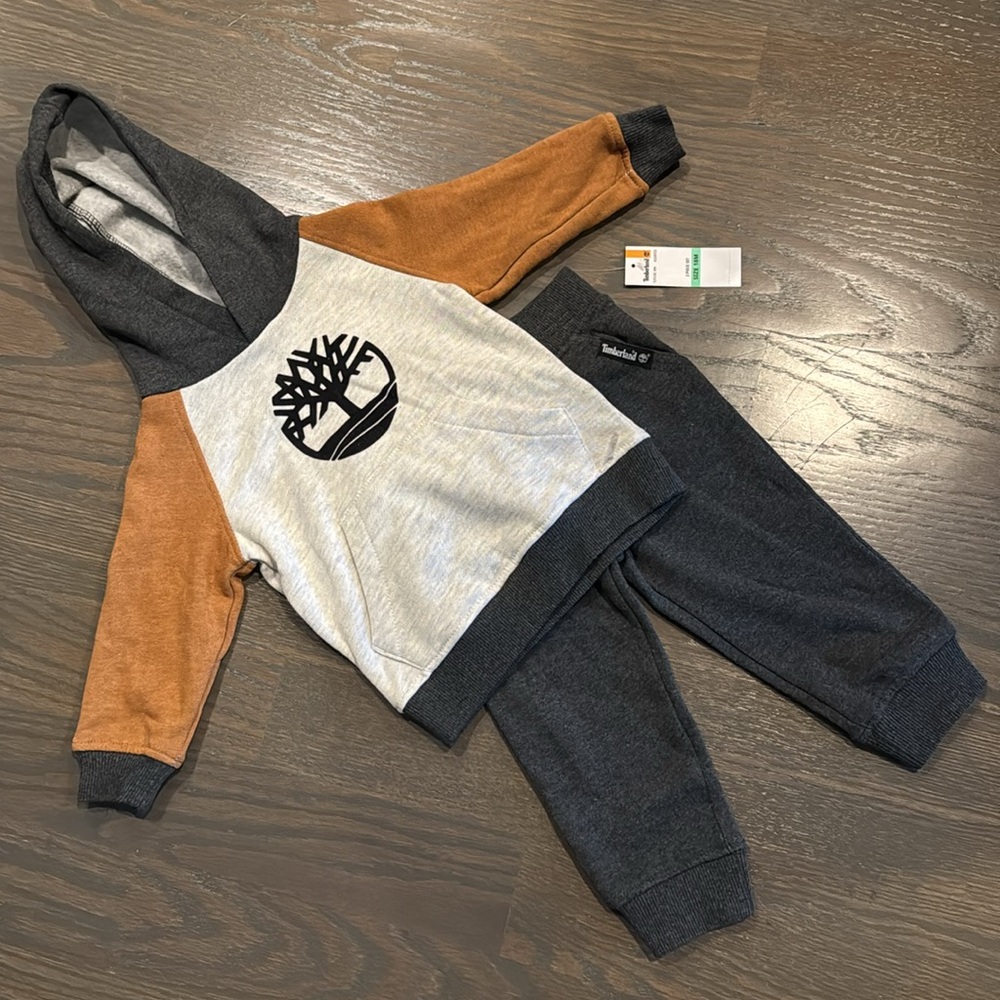 Timberland Brand Logo 2 Pieces Sweatshirt & Pants Set, Grey/Brown Combo